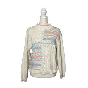 Vintage 90s Cottagecore Knit Sweater M Pastel Floral Patchwork Grandma Knit
